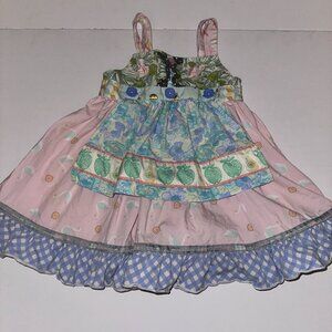 MATILDA JANE size 2T APRON DRESS adjustable straps floral checks apples